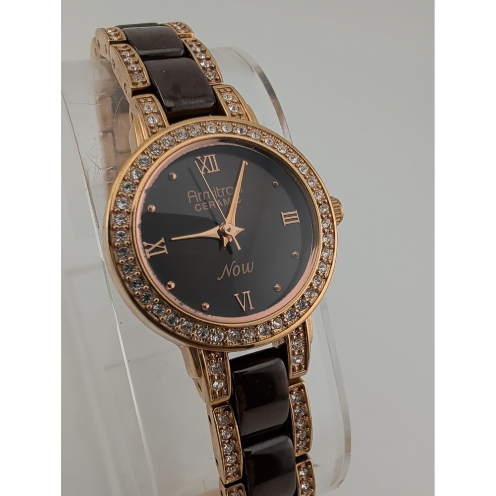 Armitron Women's Watch 75/3919 Rose Gold Brown Ceramic 6.5" Band- New Battery